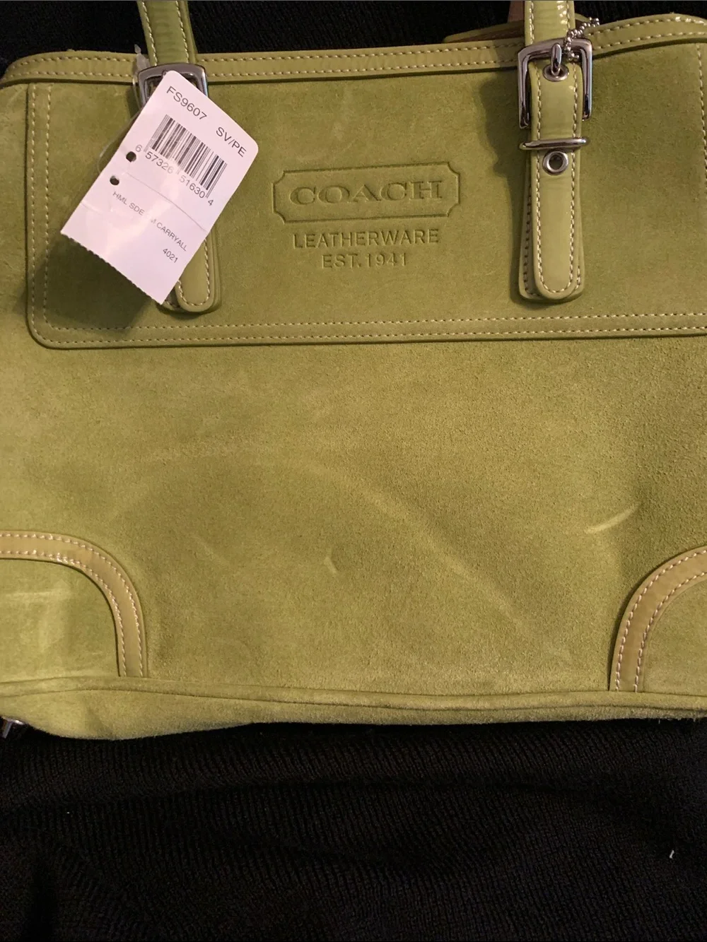 Coach Green Suede Tote with Beige Lined Handles